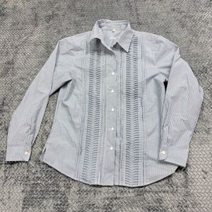 Foxcroft Wrinkle Free Blue & White Striped Tuxedo Ruffle Button Down Size 8